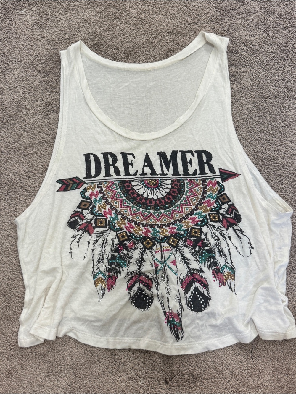 Dreamer White Graphic Tank Top with Boho Feather Design